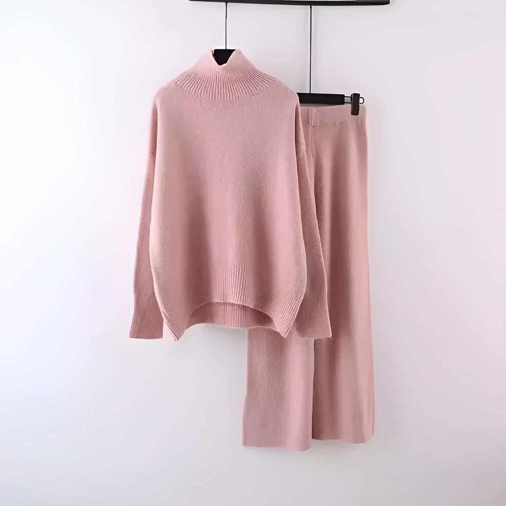 Women's beige acrylic fibre sweater and wide leg pants two-piece casual set