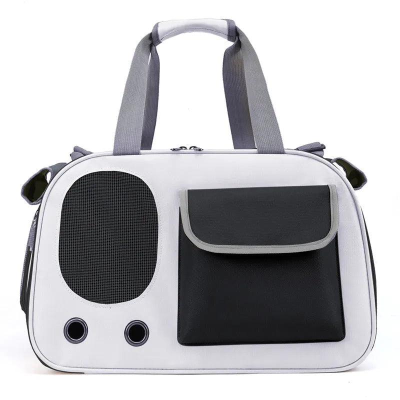 Foldable canvas pet shoulder bag in black, showing large capacity and single strap design.