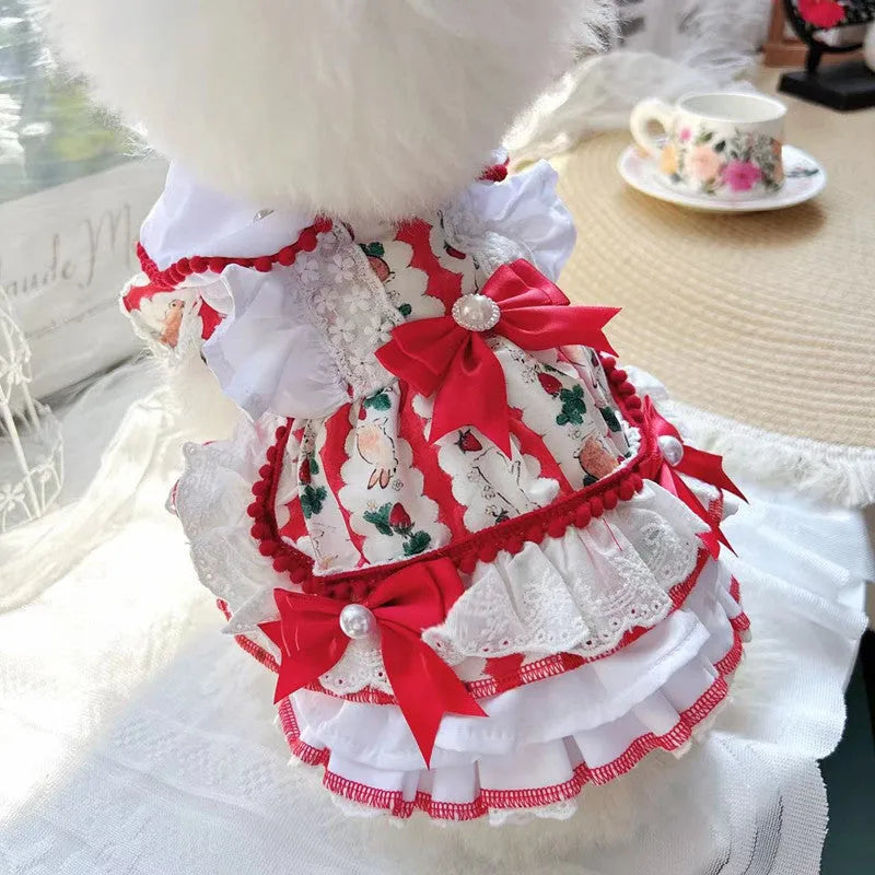 White rabbit skirt princess dress for a small dog on a mannequin, showing the tiered skirt design.