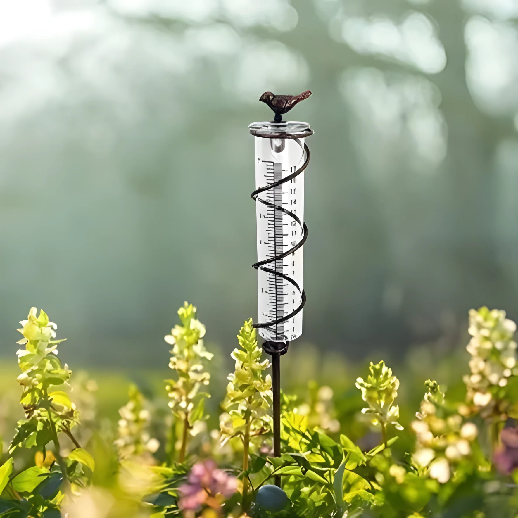 Cast iron hummingbird decoration garden rain gauge with glass measurement tube showing 1-20 scale