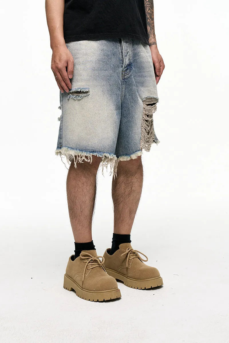 Light blue retro washed men's baggy denim shorts with wide leg fit