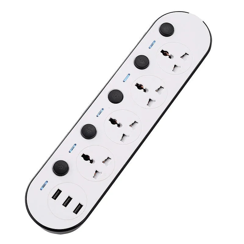 Multi-switch USB power strip compatible with international plugs on a desk.