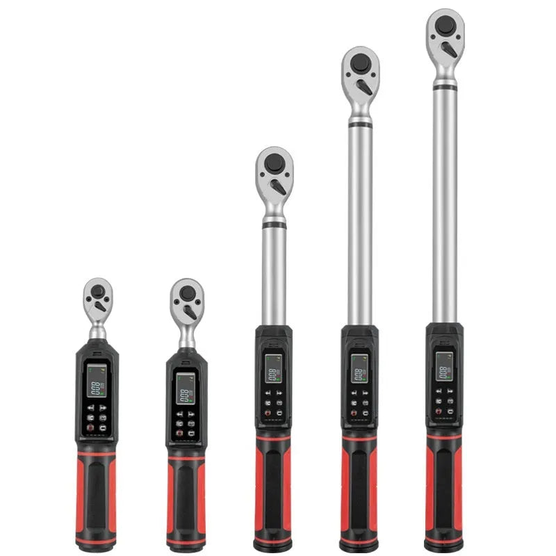 Digital display torque wrench with chrome-vanadium steel construction showing 0.15-340N range