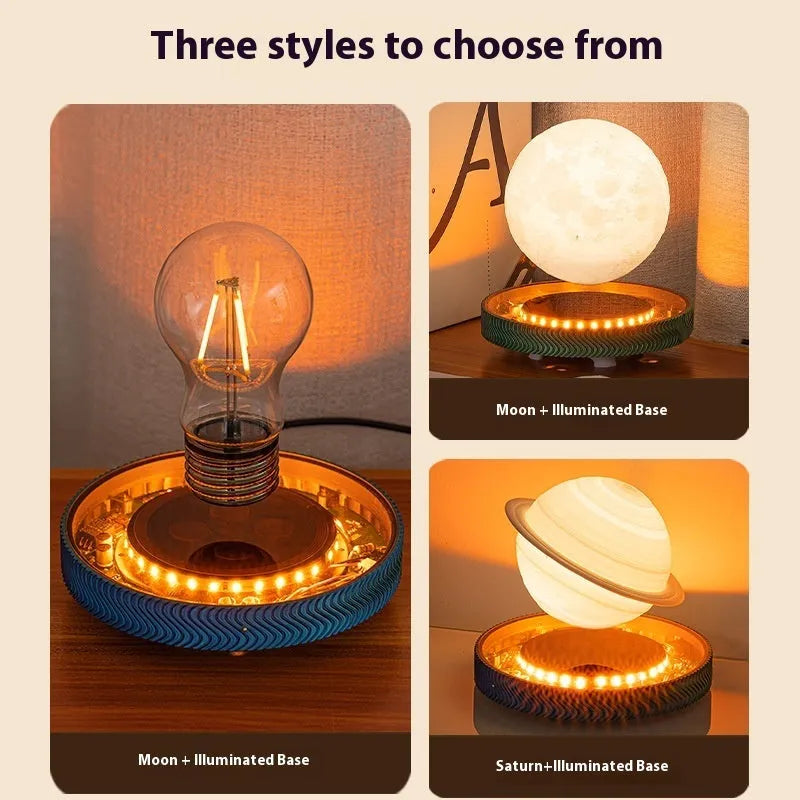 Modern magnetic suspension moon night lamp with 3D printed design on a bedside table