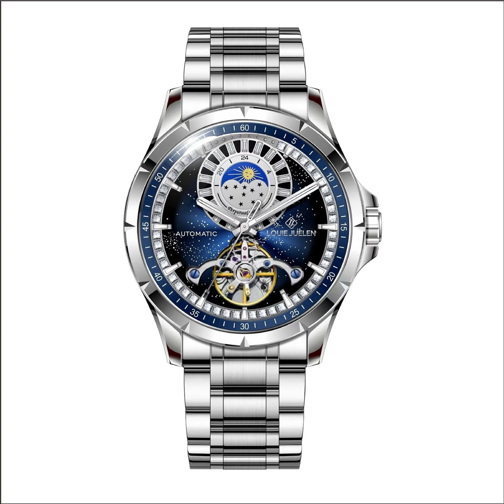 Men's silver waterproof automatic mechanical watch with blue face and stainless steel strap