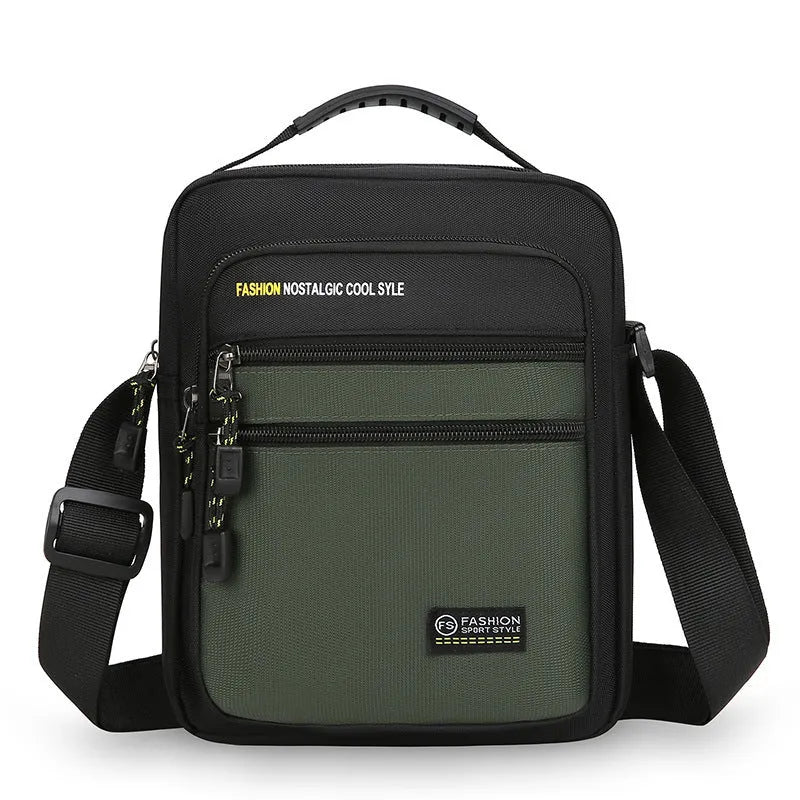 Men's waterproof nylon crossbody bag in green colour with shoulder strap and storage compartments
