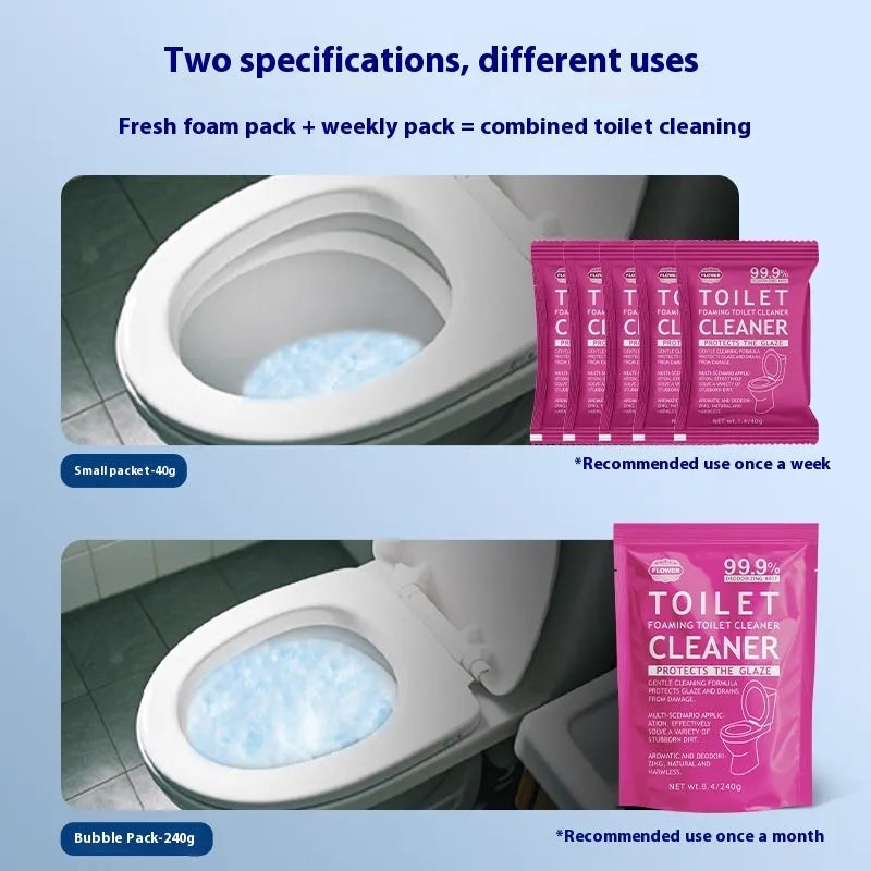 Toilet bubble descaling powder in blue ocean or pink floral scent, in boxed or large bag packaging.