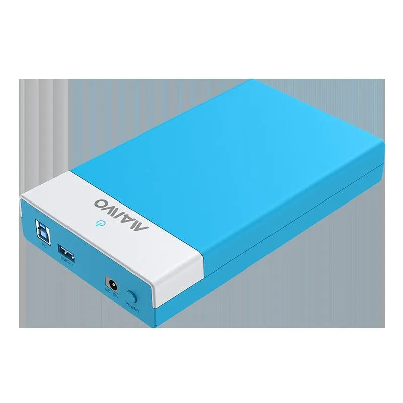 3.5 inch SATA to USB 3.0 hard disk enclosure in black and silver colour with power supply and data cable.