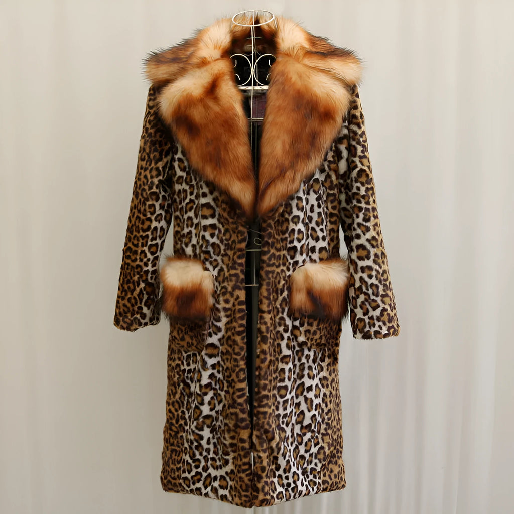 Women's long leopard print artificial fur jacket with regular sleeves, shown in street fashion style.