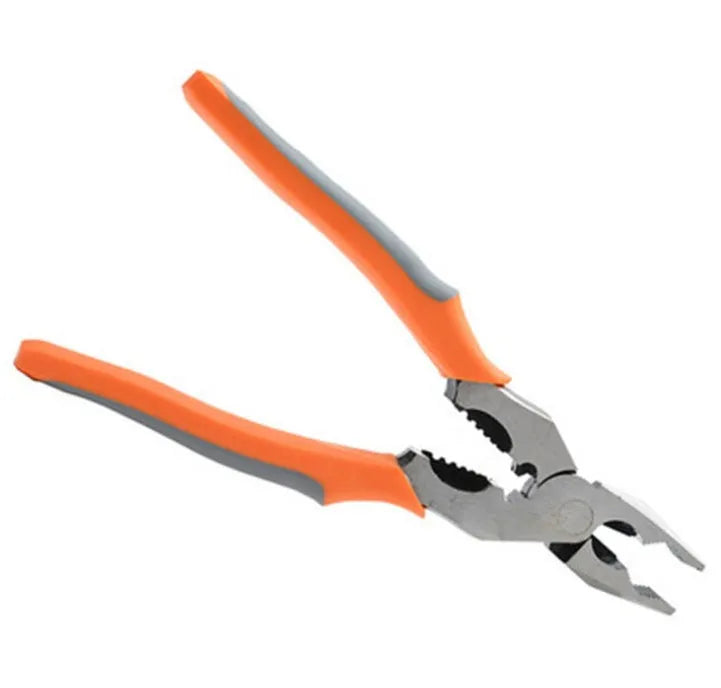 Orange multi-function wire cutter with forged steel head and textured PVC handle on a workbench.