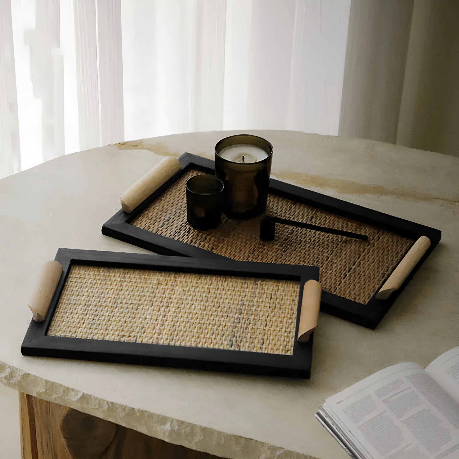 Pine wood dining tray with compartments shown in large and small size options.