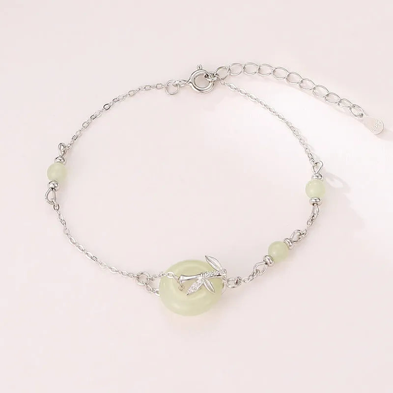 Women's Hetian Jade bracelet with safety buckle closure in antique style 925 silver
