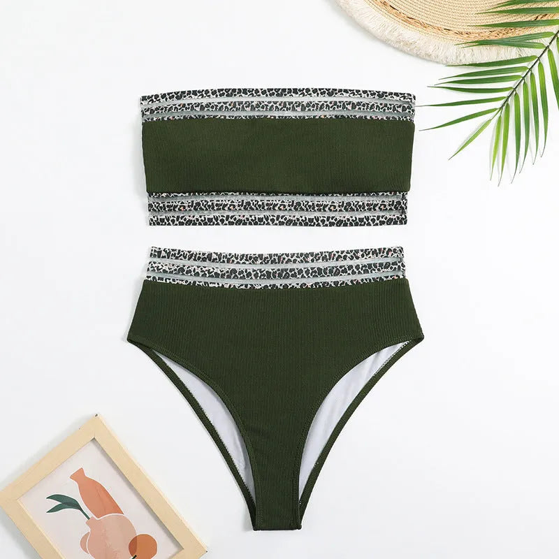 Black strapless bandeau bikini with leopard print pattern, showing front view of swimsuit
