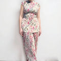 Long sleeve printed chiffon two-piece dress set with high waist design shown in picture colour.