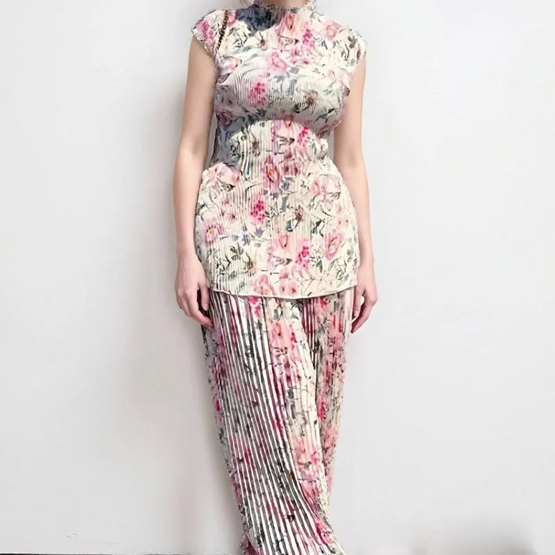 Long sleeve printed chiffon two-piece dress set with high waist design shown in picture colour.