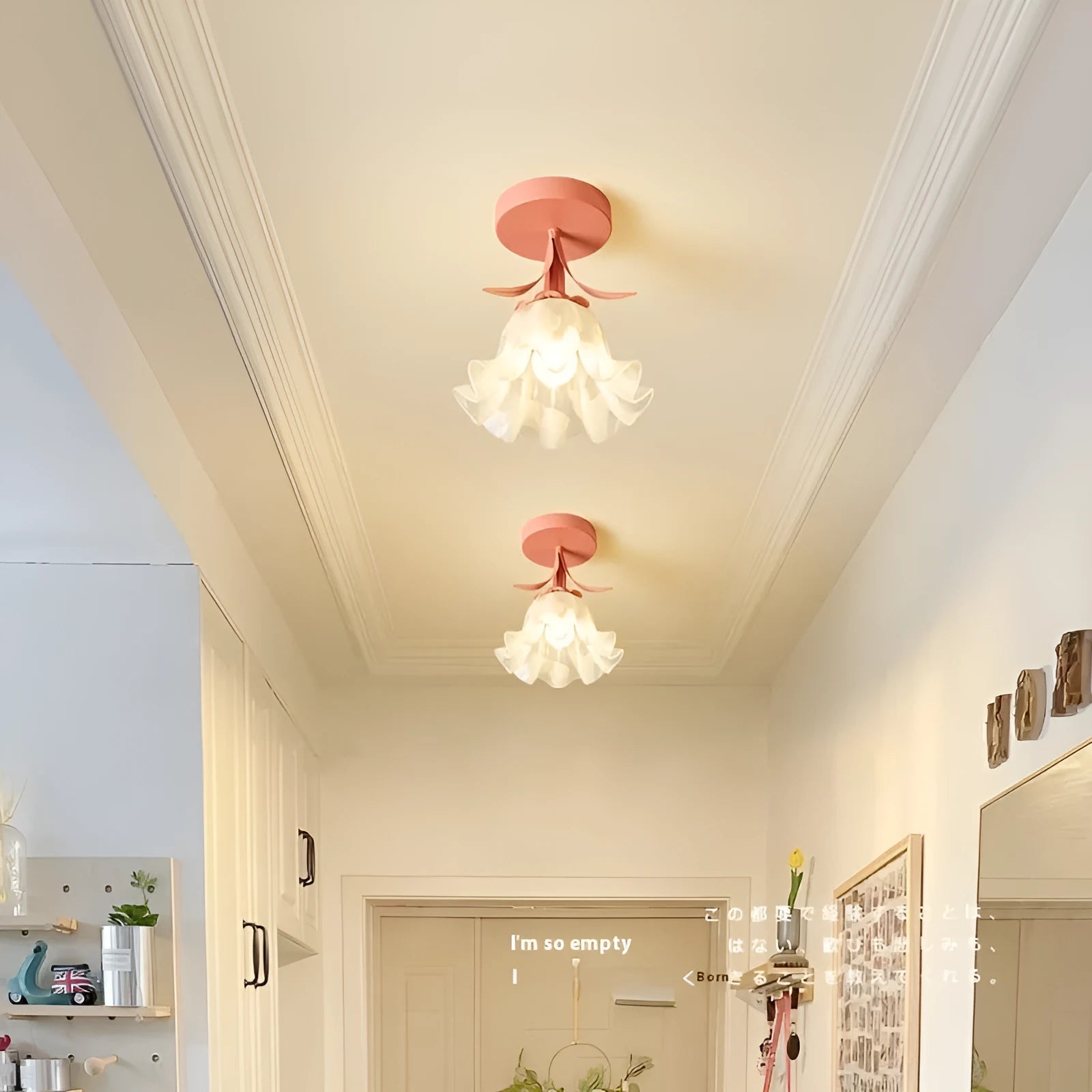 Cream coloured Linglan flower design modern corridor aisle light on a white background.