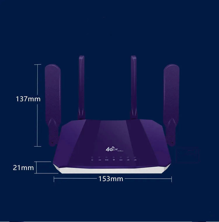 Blue 4G dual mode router with four extended antennas showing compact portable design