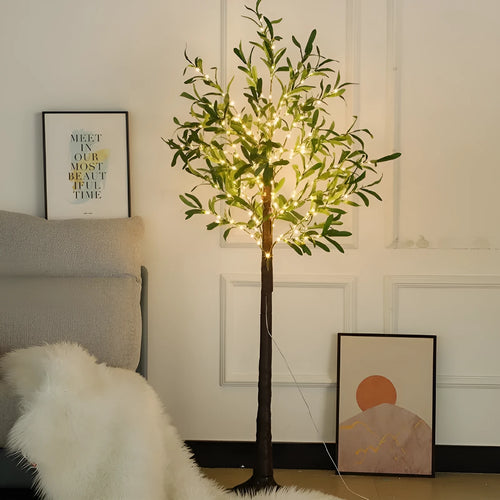 1.8 metre tall artificial olive leaf tree with warm white LED lights illuminated in a garden setting.