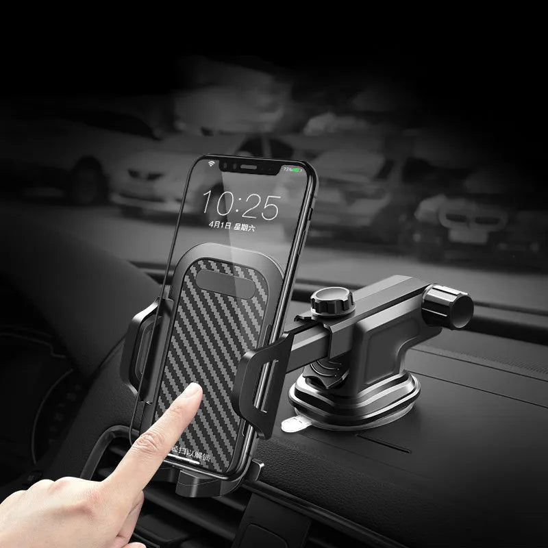 Black car phone holder for smartphones between 4 and 7 inches on a car dashboard