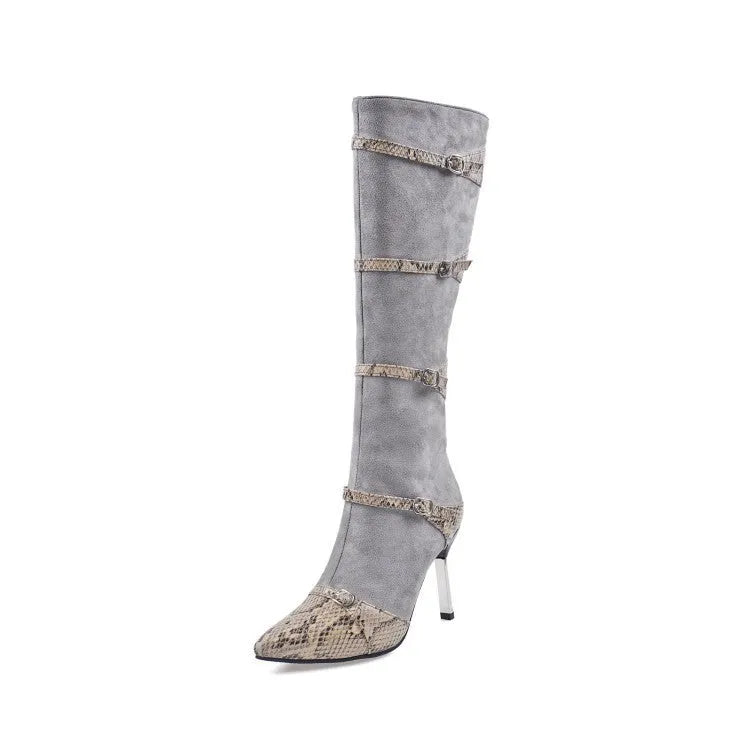 Black and grey women's knee high boots with a thin high heel on a rubber sole