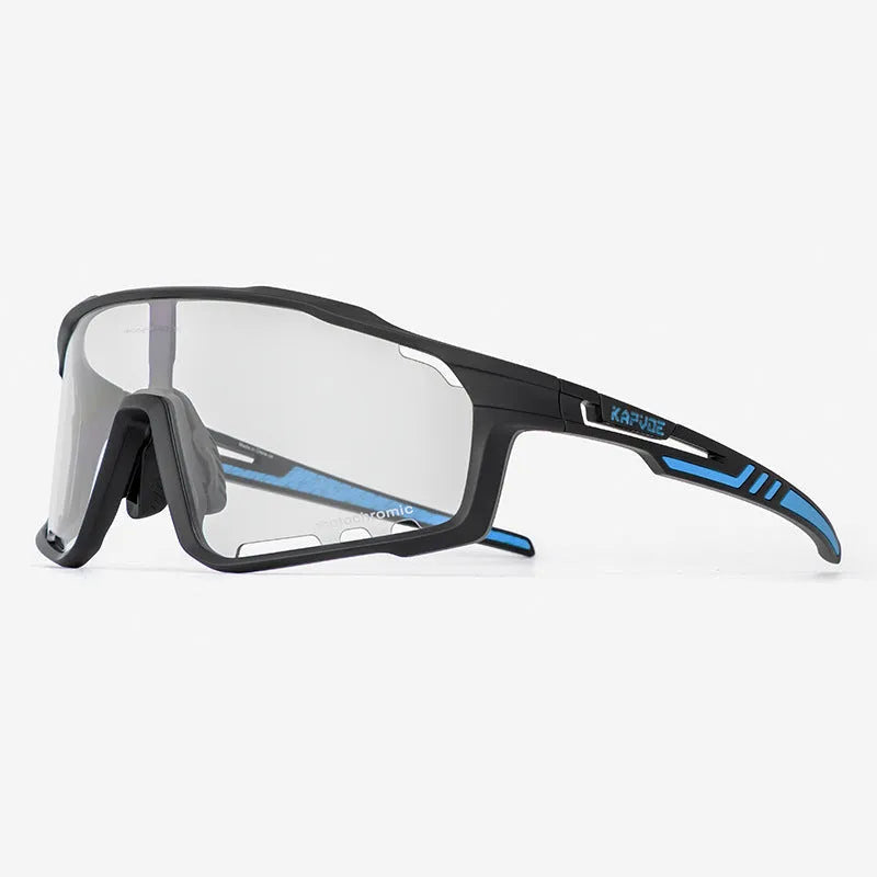 Photochromic cycling sunglasses with TR90 semi-rimless frame on a bicycle handlebar.