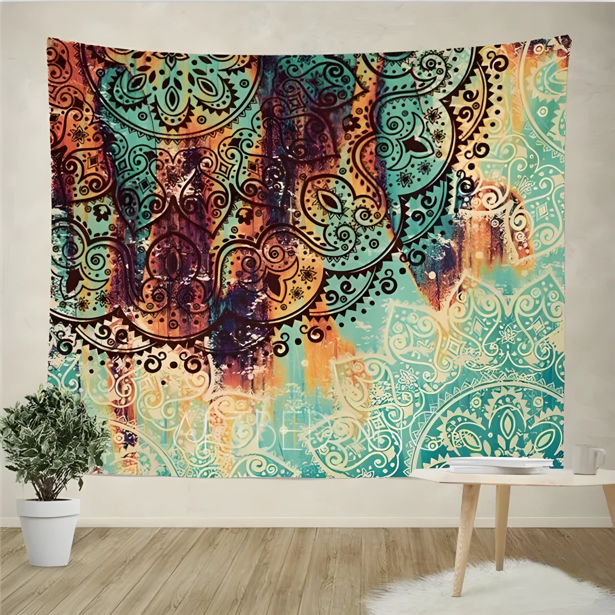 Bohemian mandala tapestry with colourful floral print on 100% polyester fabric, 150x230cm