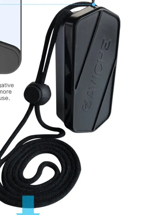Black portable air purifier necklace with 650mAh battery, dimensions 80mm x 37mm x 24mm