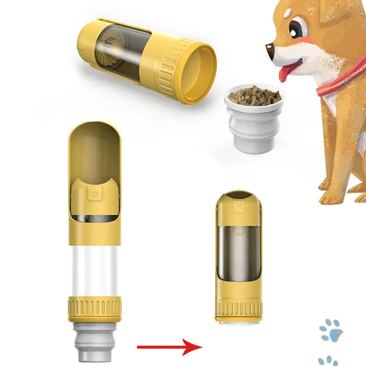 Dark blue portable dog water bottle with integrated drinking bowl, shown with leak-proof cap.