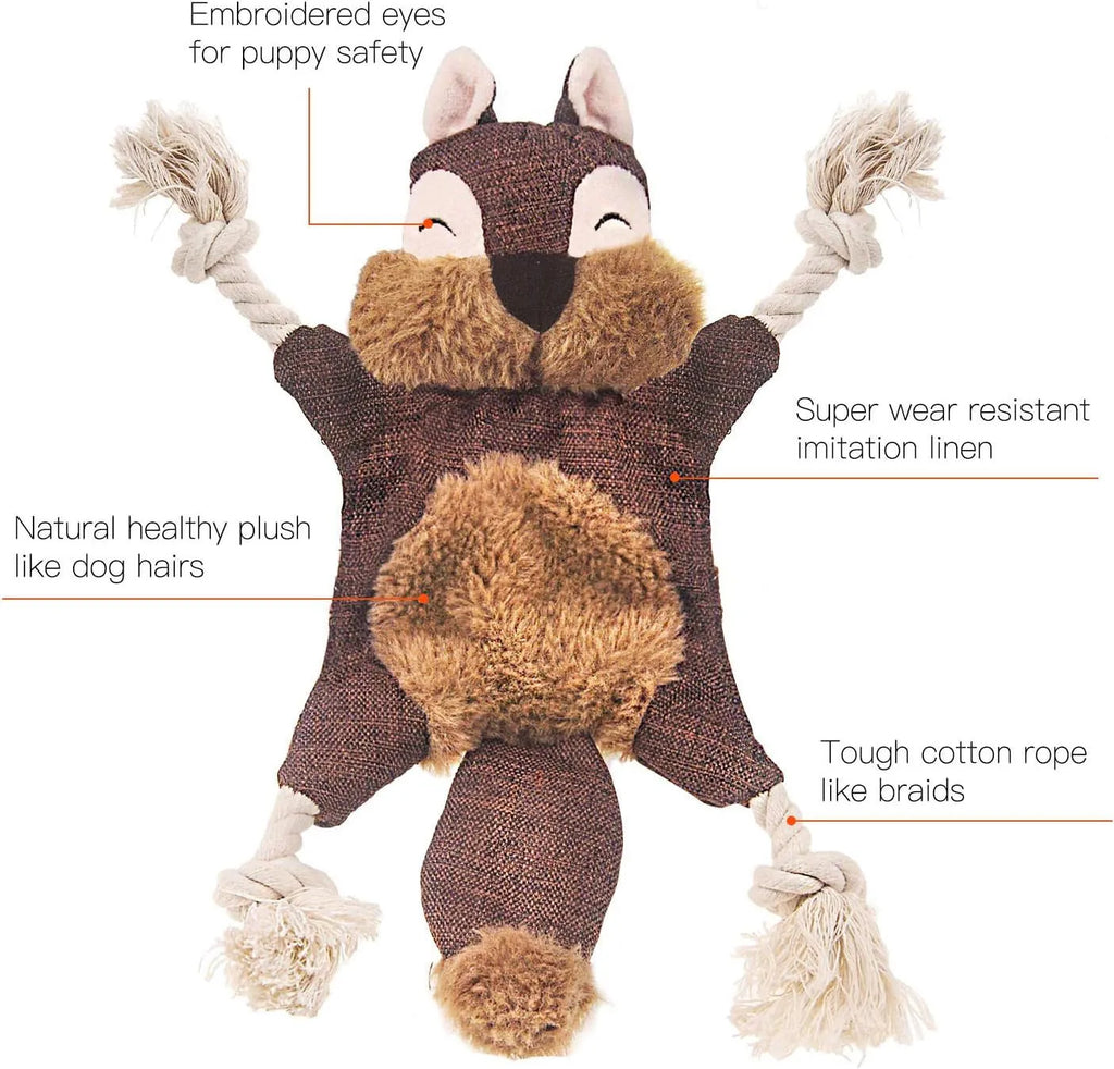 Brown fox-shaped dog toy with embroidered eyes, rope arms and legs, labelled as a squeaker and crinkle toy.