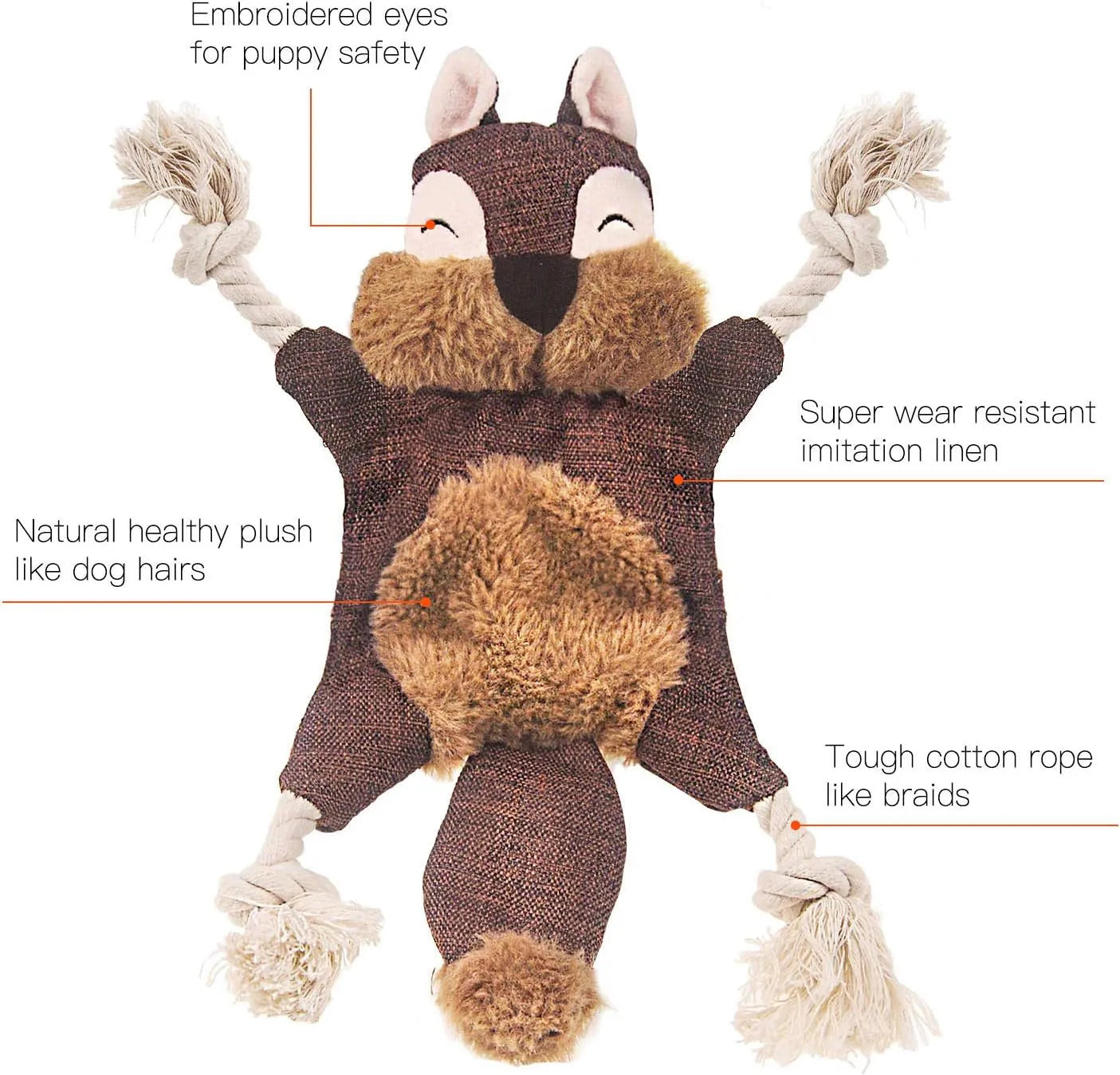 Brown fox-shaped dog toy with embroidered eyes, rope arms and legs, labelled as a squeaker and crinkle toy.
