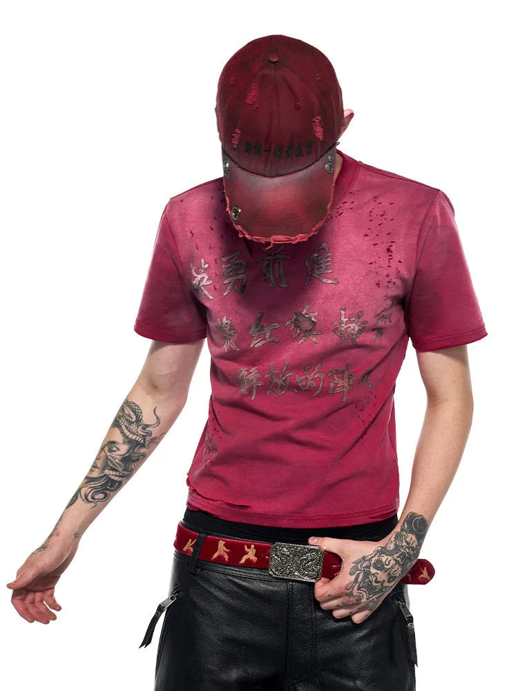 Men's red distressed dirty wash slim fit t-shirt with round neck and short sleeves