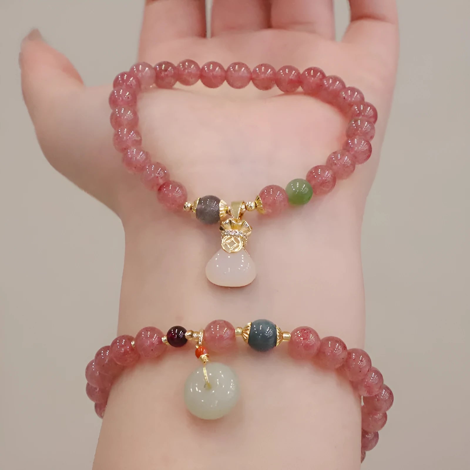 Women's strawberry quartz purse bracelet with geometric shapes and safety buckle