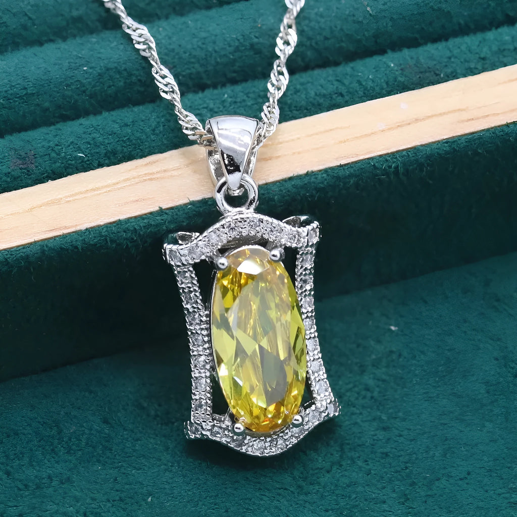 Yellow and olive green anti-allergy alloy jewellery set with zircon stones including necklace, earrings, ring and bracelet