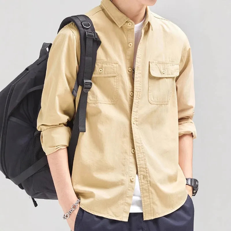 Men's loose fit long sleeve cardigan shirt in polyester available in light grey, black, khaki and green colours