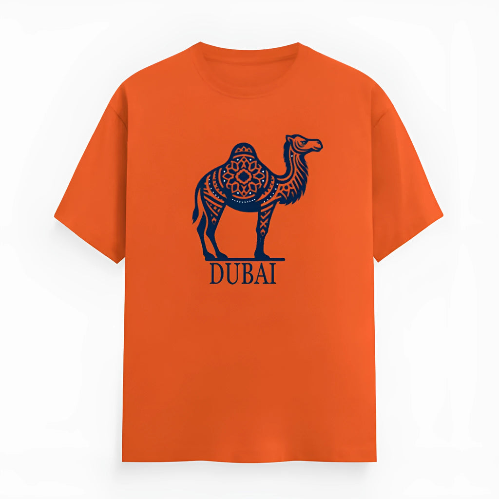 Orange loose fit cotton t-shirt with short sleeves and a round neck on a hanger.