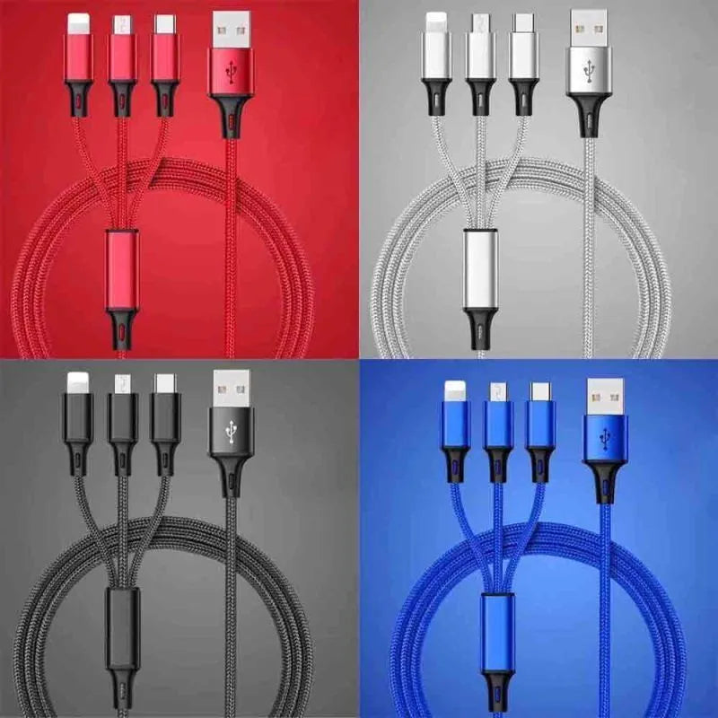 3-in-1 braided charging cable with aluminium connectors in multiple colour options including black, blue and red