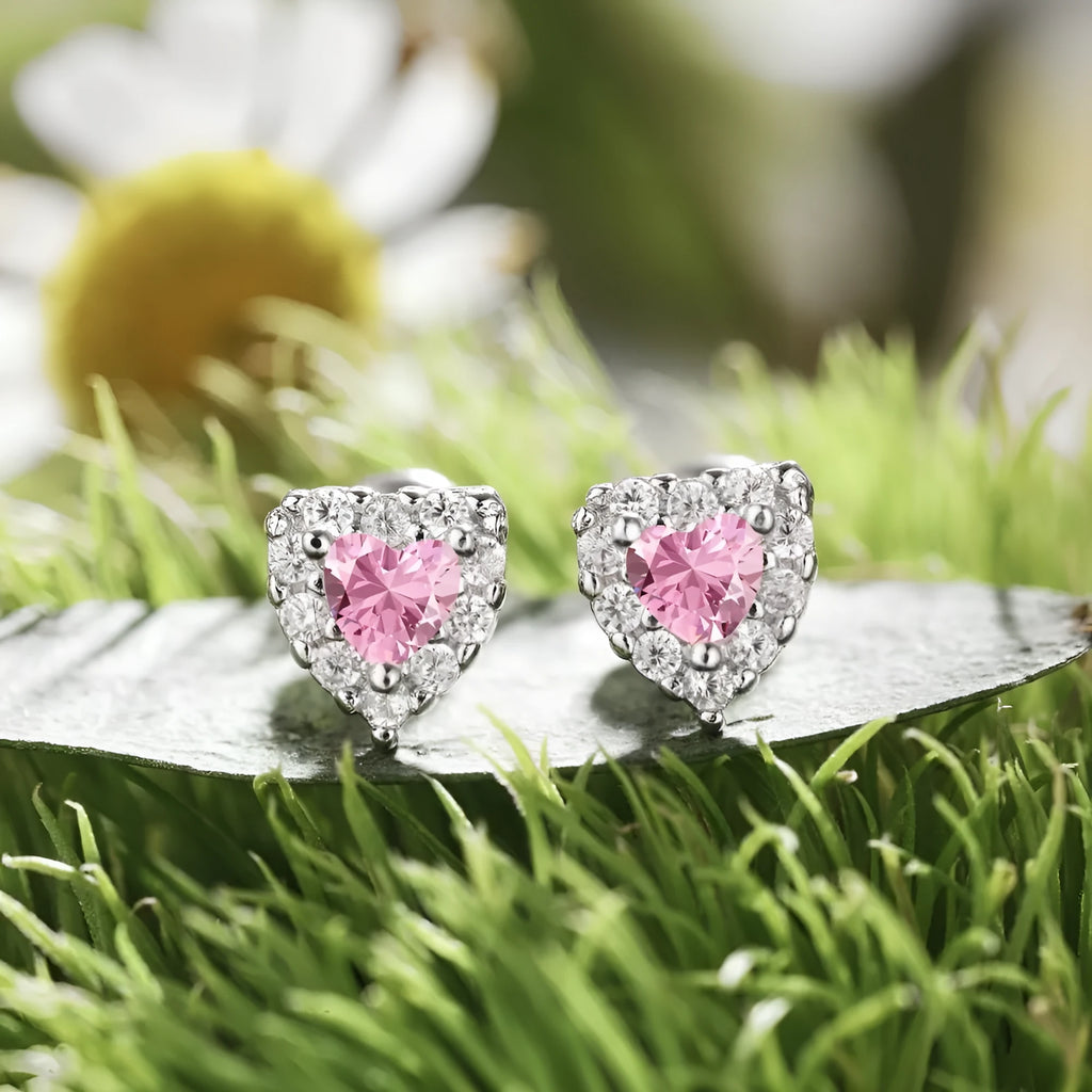 925 silver heart shaped stud earrings with diamond zircon in white colour, light luxury design for women