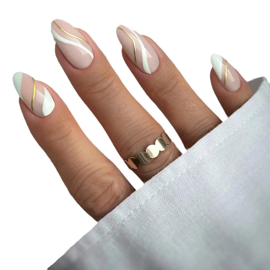 Wearable nail stickers with plaid pattern in medium drop shape, includes plastic application armour