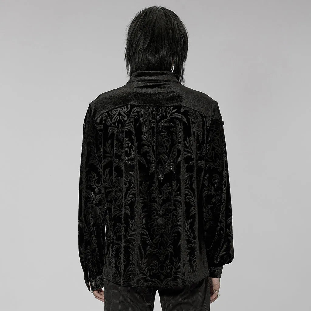 Black Gothic style men's velvet shirt with pointed collar and decorative flocking details
