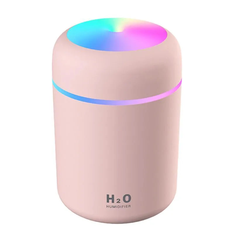 USB mini humidifier with colourful lights in pink, white, or navy blue colours on a desk