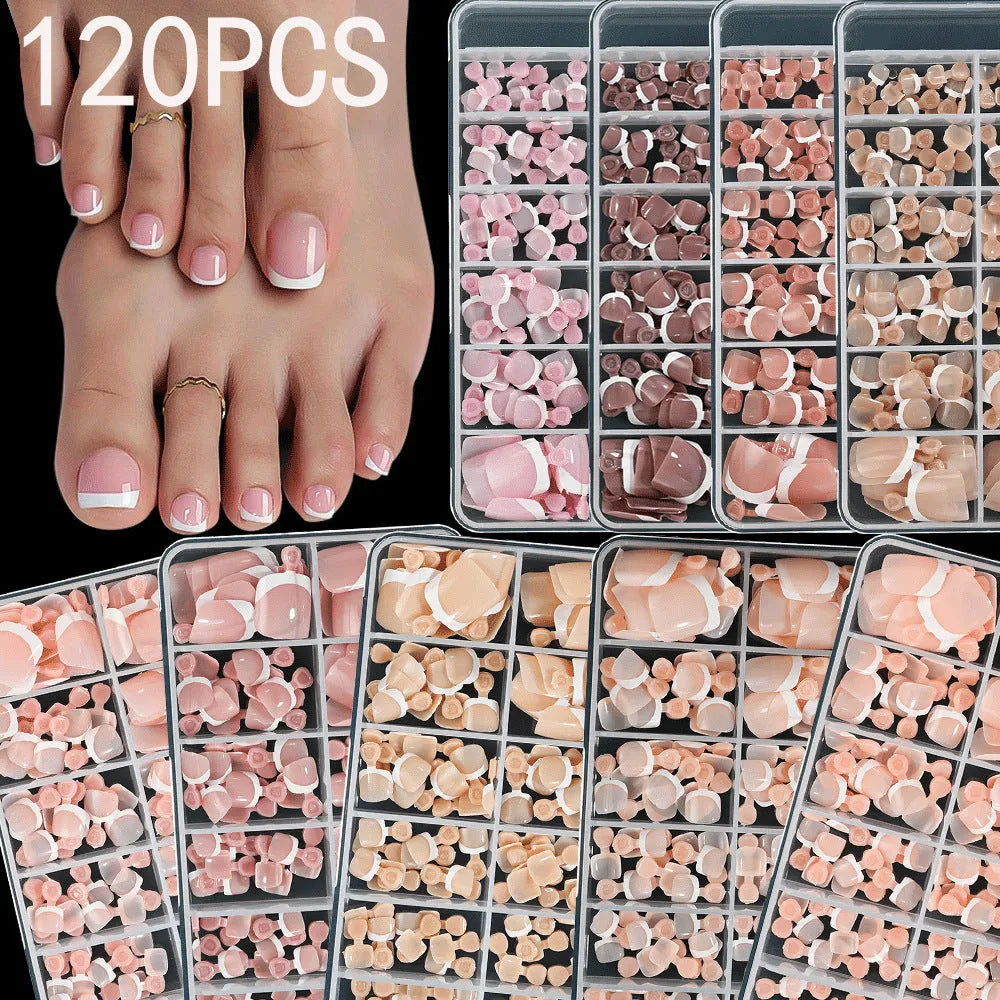 120 piece box of French white edge square toe nail capsules in nine nude colour shades
