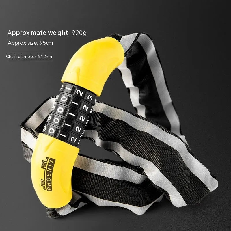 95cm zinc alloy mountain bike chain lock in black colour with close-up of locking mechanism