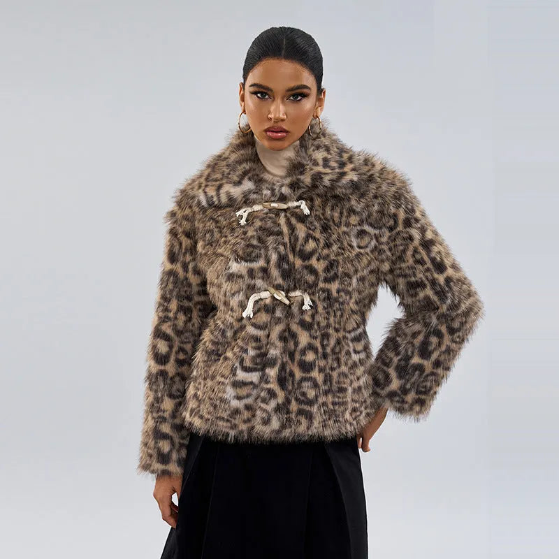 Women's leopard print polyester coat with a buckle detail on the lapel.