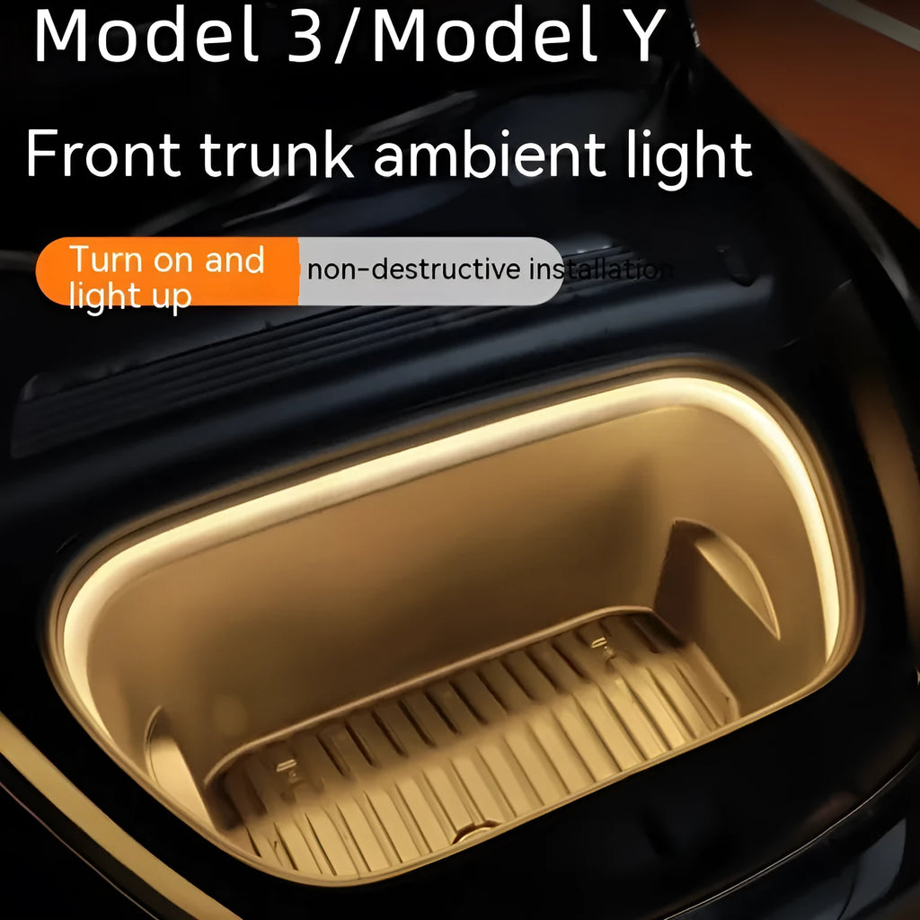 Tesla Model 3 Model Y front standby box ambient lighting kit showing soft silicone light bar