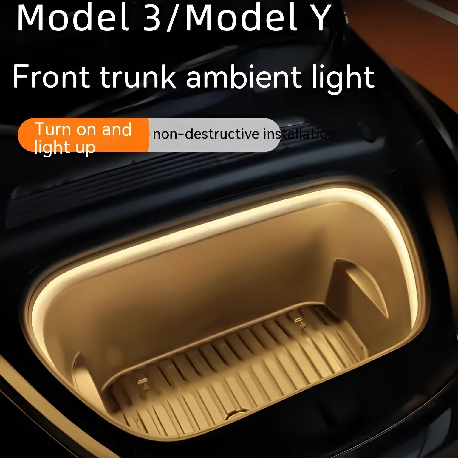 Tesla Model 3 Model Y front standby box ambient lighting kit showing soft silicone light bar