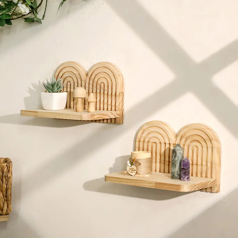 Solid wood wall storage rack with multiple layers for flower pot display organisation