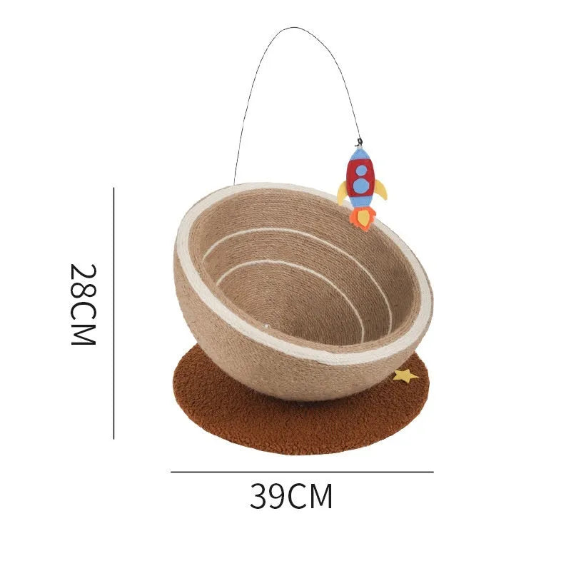 Large integrated cat scratching post and bed with sisal rope surface and flannel nest.