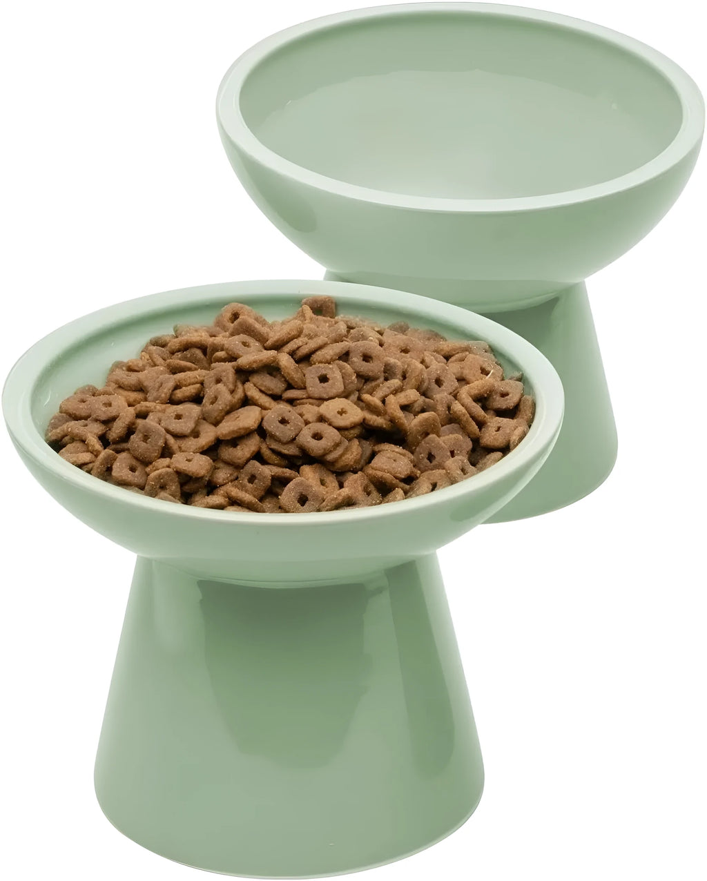 Ceramic elevated cat food bowl in blue showing wide shallow design and raised height