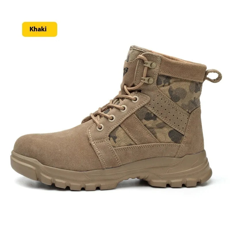 Khaki suede high-top combat boots with steel toe caps and lace-up closure for outdoor protection