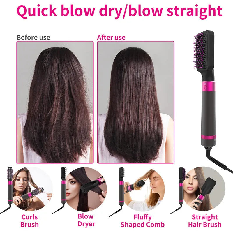 Dyson grey 5-in-1 hair dryer styling brush with interchangeable brush heads on white background